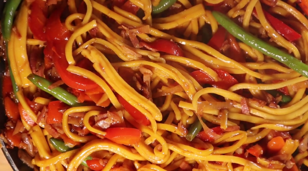 Hokkien Noodles ready to be served in a fry pan.