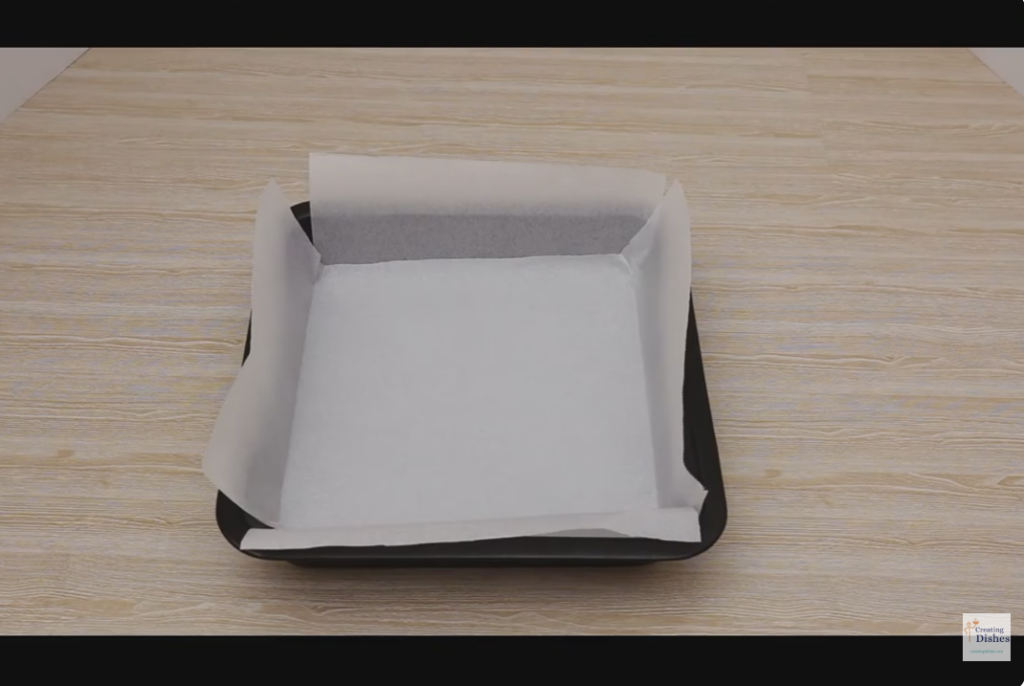 Baking tin lined with baking paper.