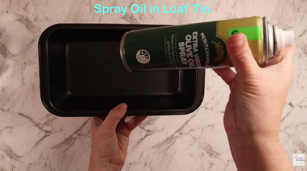 Double Vanilla & Almond Biscotti: spraying oil in loaf tin