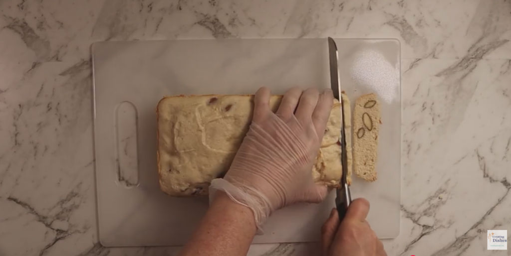 Double Vanilla & Almond Biscotti: being cut